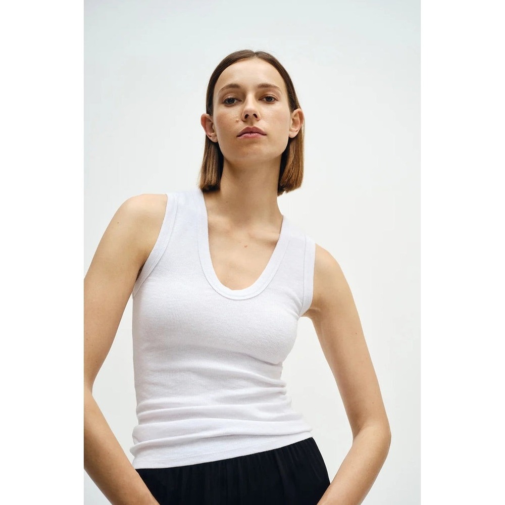 ENZA COSTA Textured Rib Sleeveless U Neck Tank Top Small White Quite Luxury